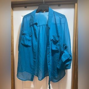 Ellen Tracy 1X sheer button up blouse teal OBO